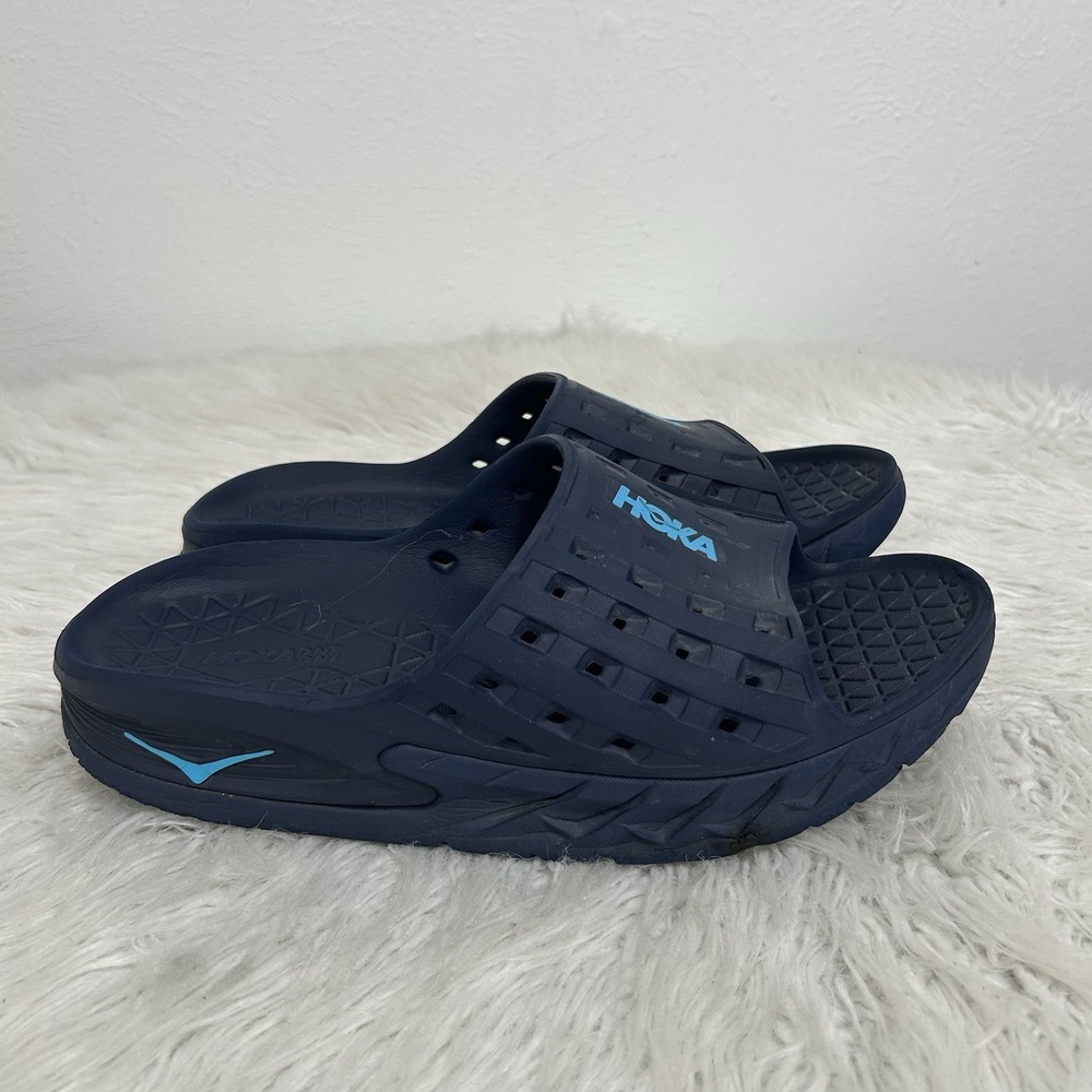 Hoka One One Ora Recovery Slides Mens 10 Blue Comfort Sandals Slip On Logo